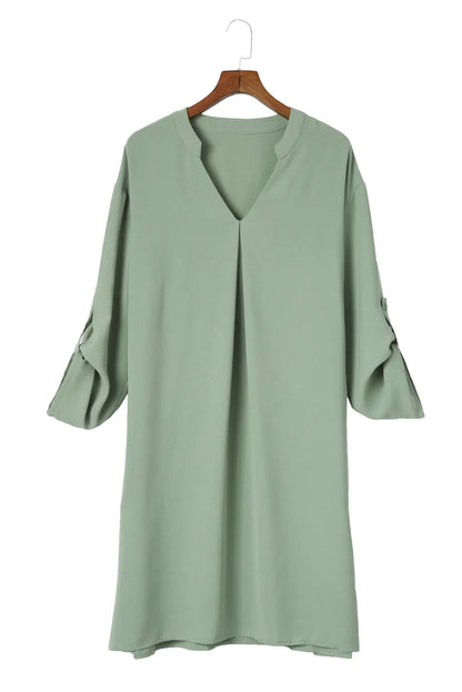 Green Roll-tab Sleeve Flowy Casual Dress - Chic Meadow Boutique 