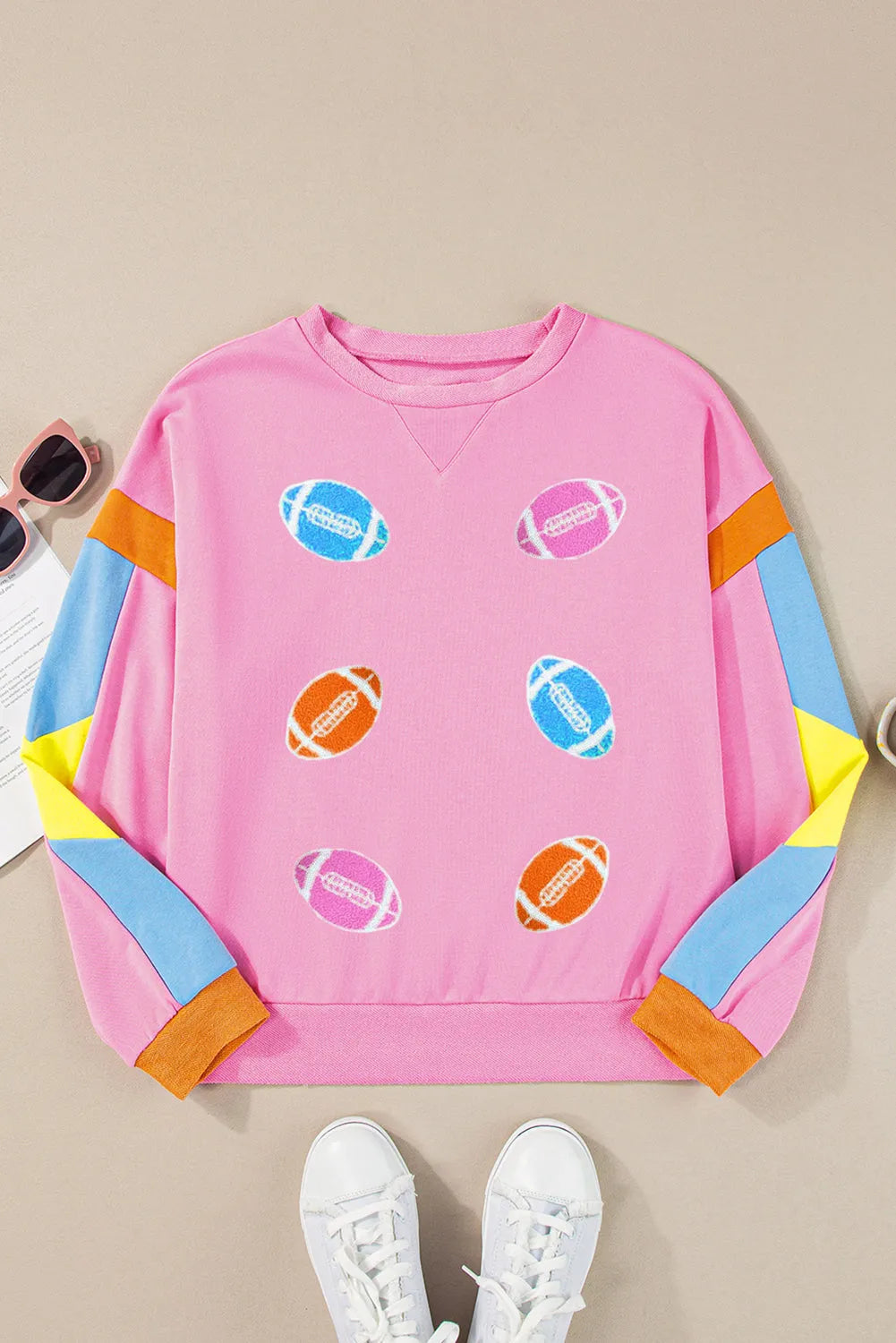 Pink Rugby Football Patchwork Color Block Game Day T Shirt - Chic Meadow Boutique 