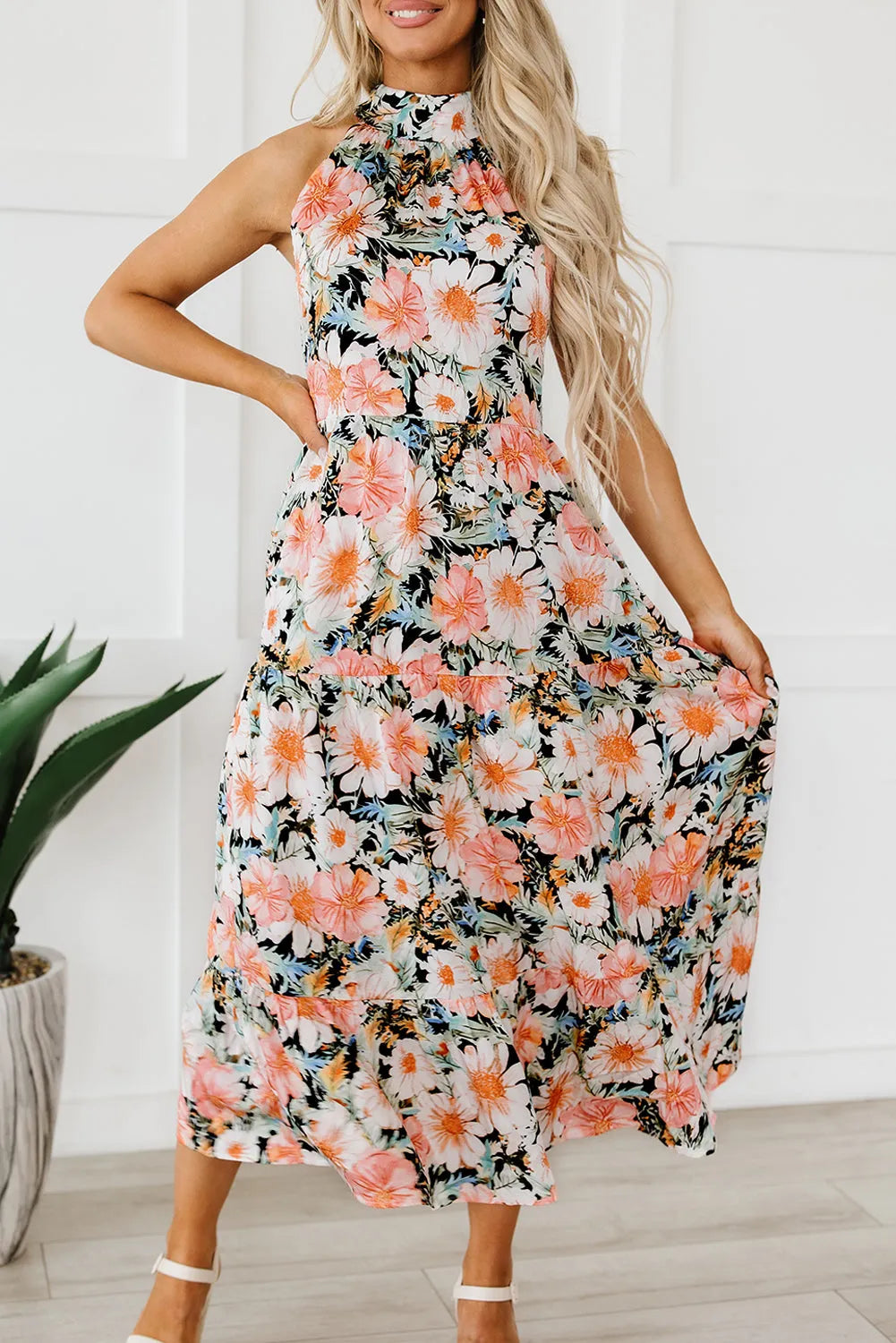 Black Boho Floral Print Knotted Halter Ruffled Maxi Dress - Chic Meadow Boutique 