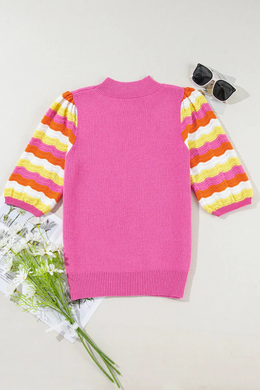 Pink Ribbed Knit Contrast Sleeve Sweater Top - Chic Meadow Boutique 