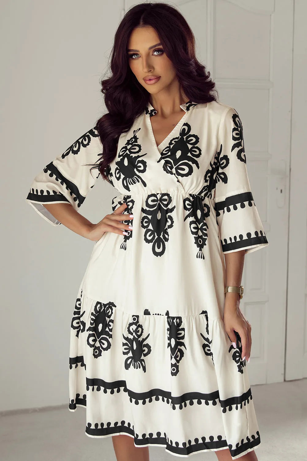 Beige Western Geometric Print 3/4 Sleeve Loose Midi Dress - Chic Meadow Boutique 