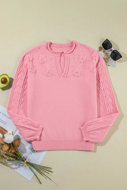 Peach Blossom Flower Detail Knitted Notched Neck Sweater - Chic Meadow Boutique 