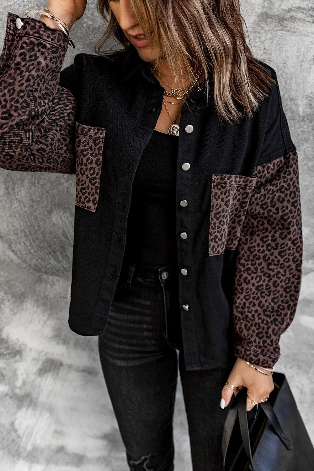 Black Contrast Leopard Denim Jacket - Chic Meadow Boutique 