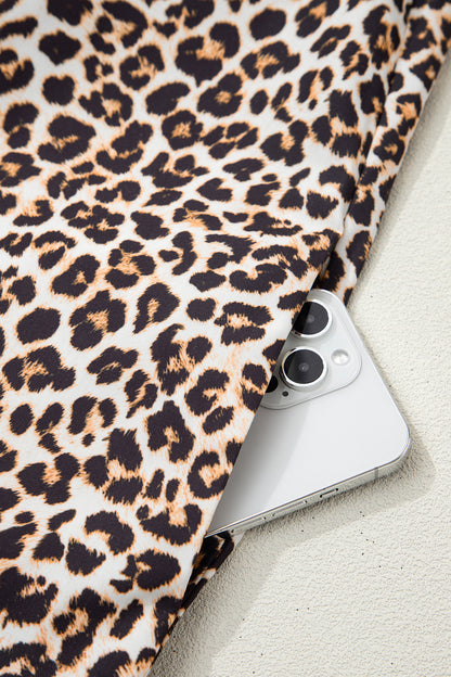 Khaki Button Striped Collar Leopard Print Long Sleeve Flared Dress