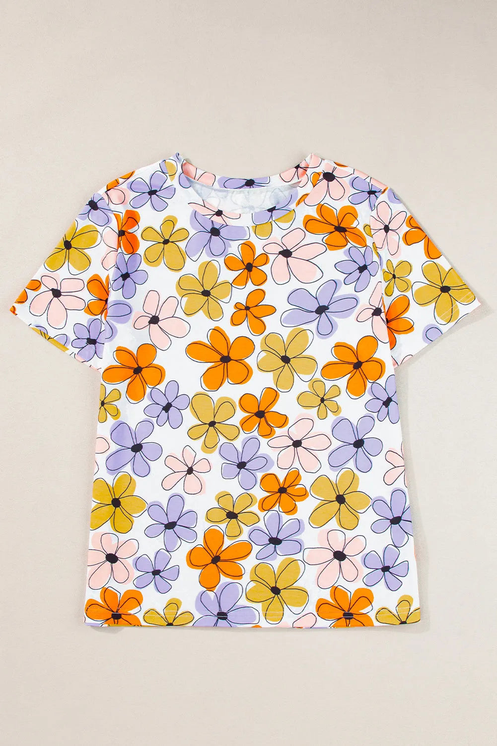 Orange Summer Flower Print Casual Round Neck T Shirt - Chic Meadow Boutique 