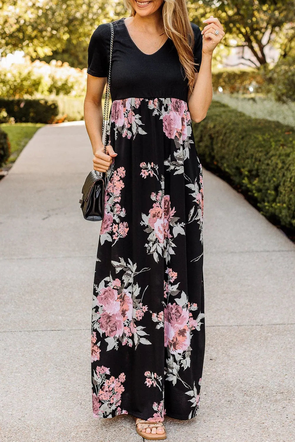 Black Contrast Floral Empire Waist Maxi Dress - Chic Meadow Boutique 