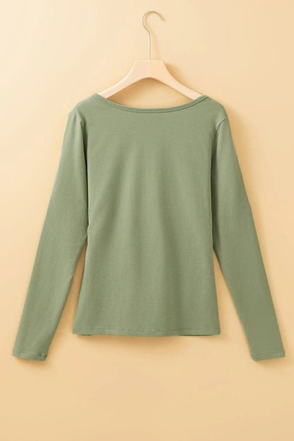 Laurel Green Long Sleeve Buttons V Neck Slim Fit Top - Chic Meadow Boutique 