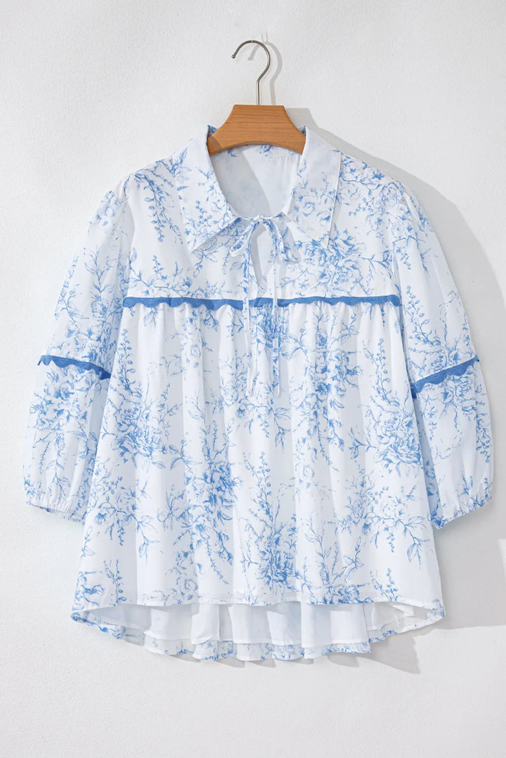 Sky Blue Floral 3/4 Sleeve Tied Collar Blouse - Chic Meadow Boutique 