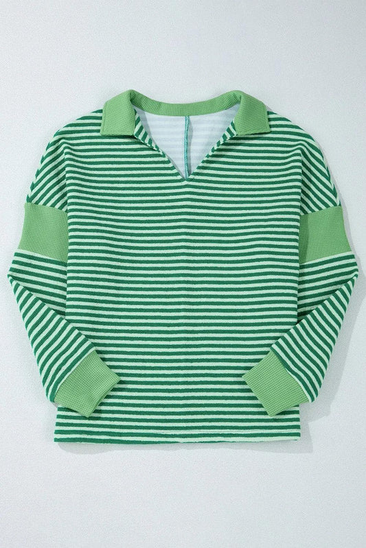 Tops/Long Sleeve Tops Green Stripe Turn-Down V Neck Patchwork Loose Top