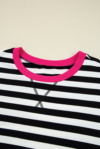 Black Stripe Color Block Edge Pullover and Shorts PLus Size Set