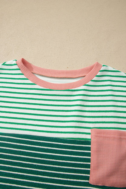 Green Stripe Contrast Print Color Block Detail Relaxed Tee