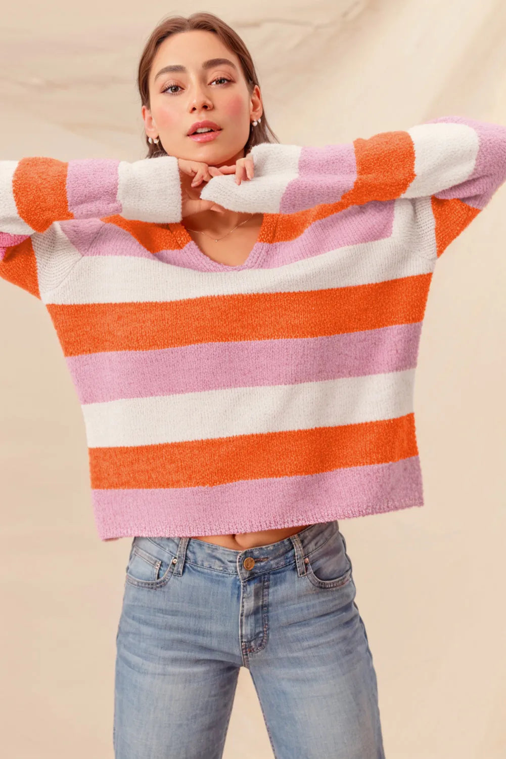 Orange Stripe Colorblock V Neck Casual Sweater - Chic Meadow Boutique 