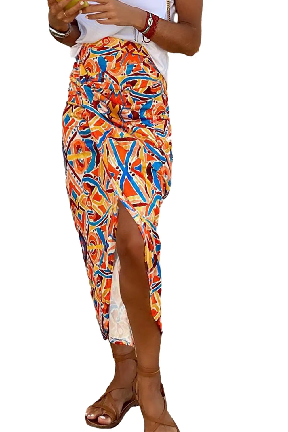 Yellow Geometric Abstract Print Slit High Waist Maxi Skirt - Chic Meadow Boutique 