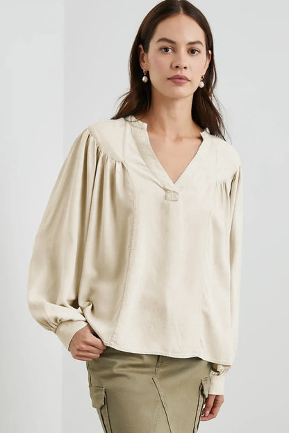 White Solid Color Lantern Sleeve Notched V Neck Blouse - Chic Meadow Boutique 