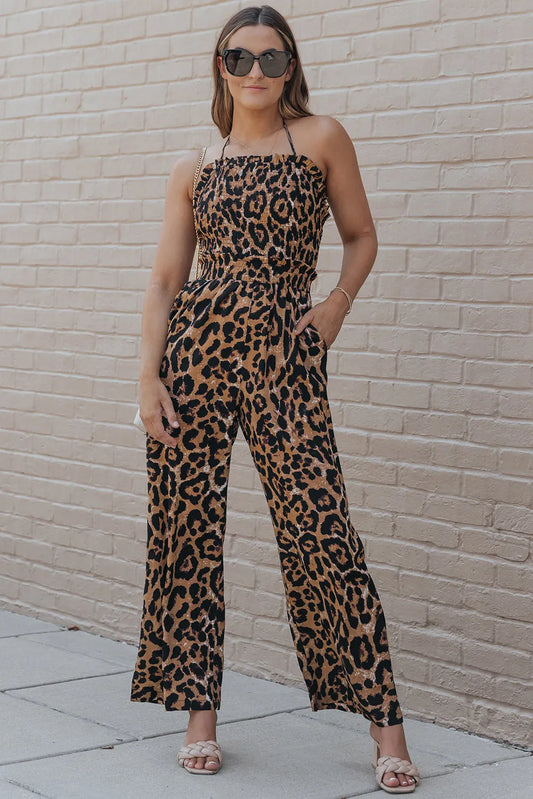 Leopard Print Halter Neck Backless Wide Leg Jumpsuit - Chic Meadow Boutique 