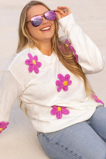 White Plus Size Flower Crochet Drop Shoulder Knit Sweater - Chic Meadow Boutique 