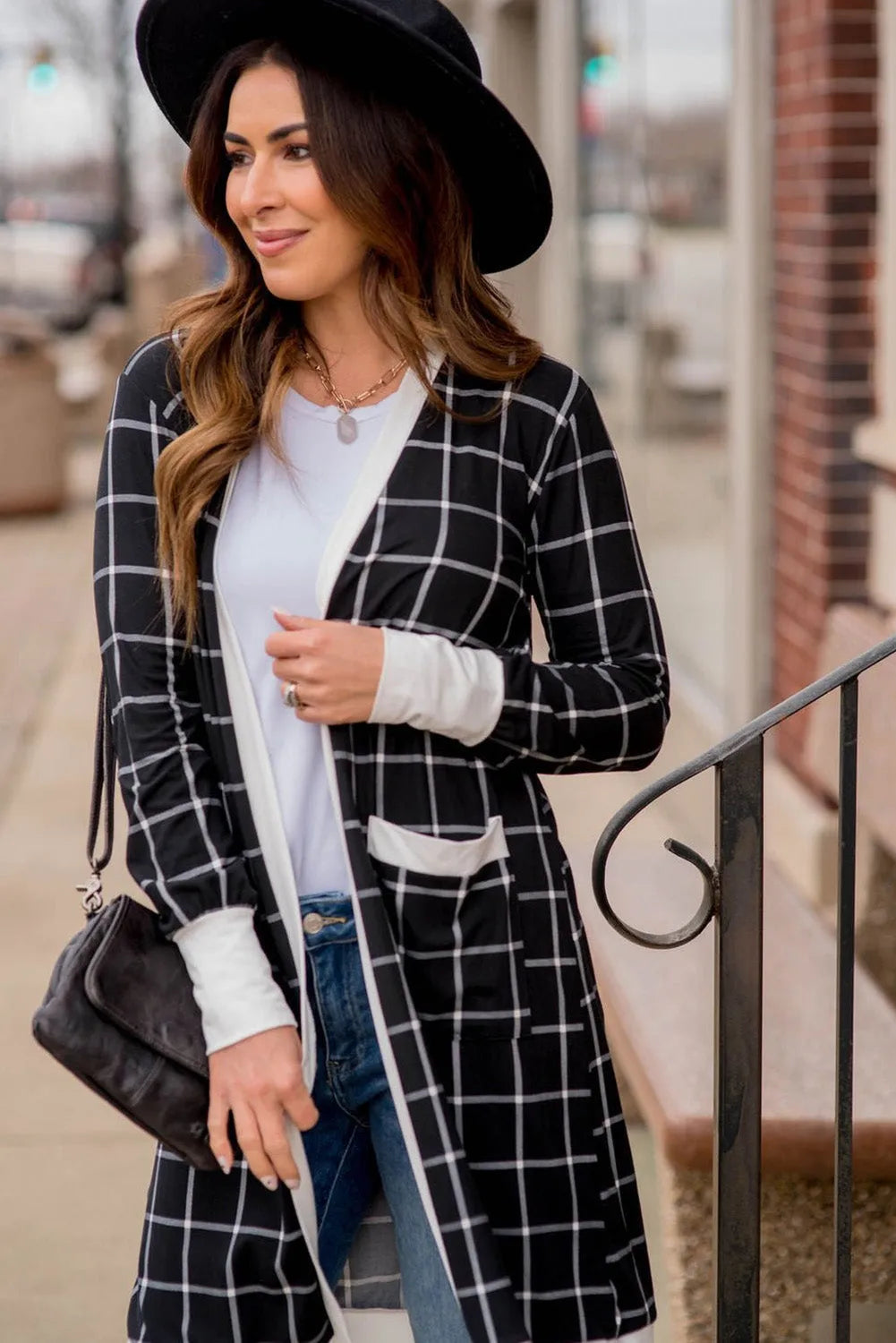 Black Plaid Colorblock Edge Open Cardigan with Pocket - Chic Meadow Boutique 