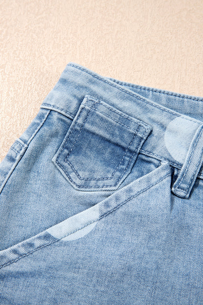 Sky Blue Polka Dot Ankle-Length Metal Button Casual Jeans