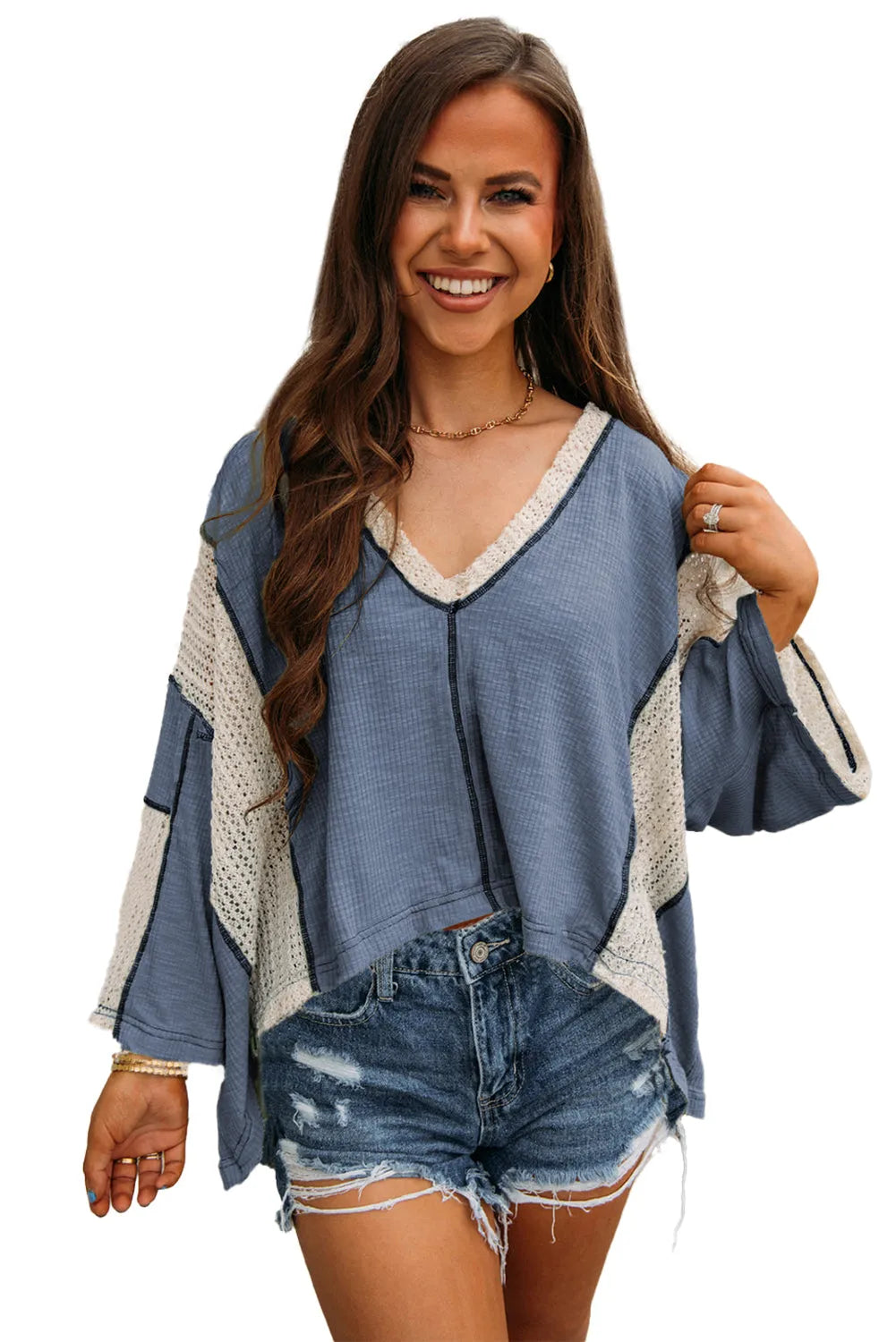 Ashleigh Blue Crochet Detail Exposed Seam High Low Loose Top - Chic Meadow Boutique 