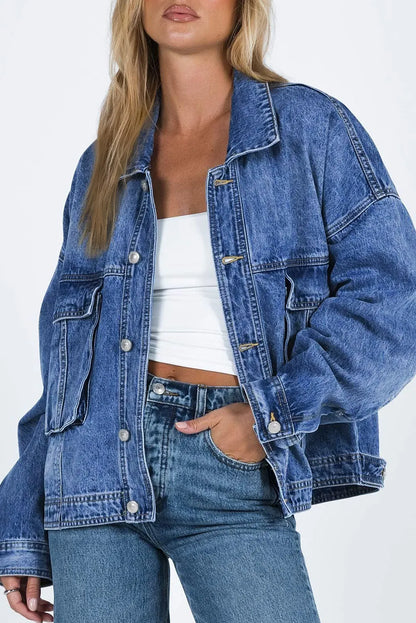 Blue Chest Pockets Drop Shoulder Loose Denim Jacket - Chic Meadow Boutique 