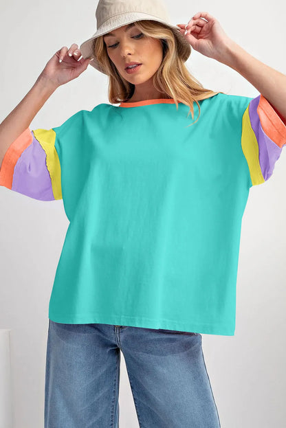 Light Blue Color Block Stitching Sleeve Round Neck Oversize Top - Chic Meadow Boutique 