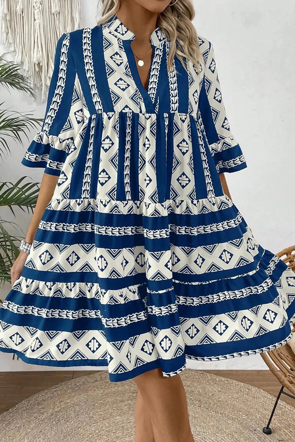 Blue Geometric Print V Neck Ruffled Dress - Chic Meadow Boutique 