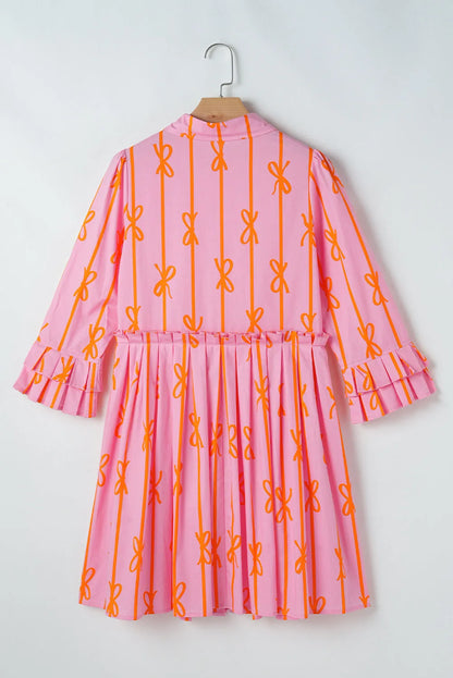 Pink Bowknot Striped Printed Tiered Ruffled Mini Shirt Dress - Chic Meadow Boutique 