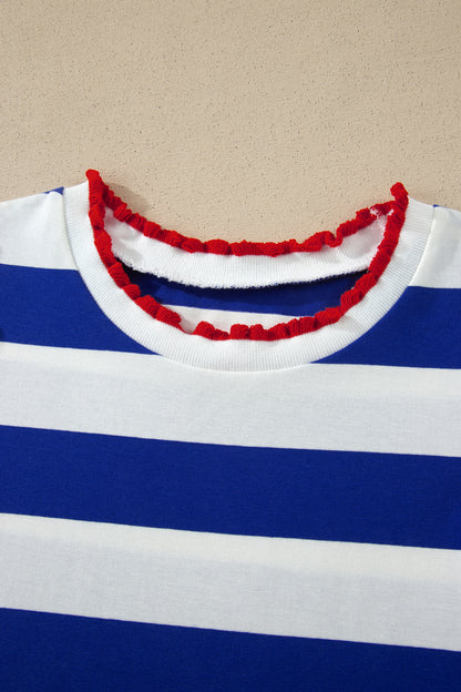 Blue Stripe Contrast Trim Round Neck Short Puff Sleeve Shift Mini Dress