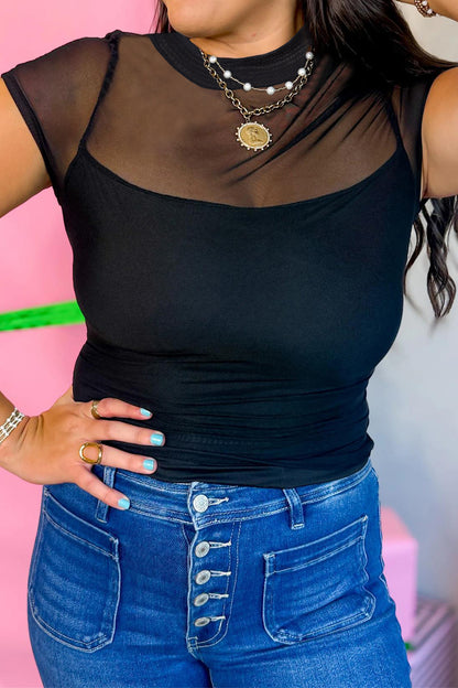 Black Sheer Mesh Patchwork Cap Sleeve T Shirt