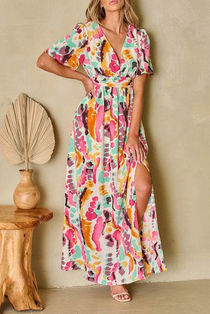 Pink Boho Tie-dye Print V Neck Maxi Dress - Chic Meadow Boutique 