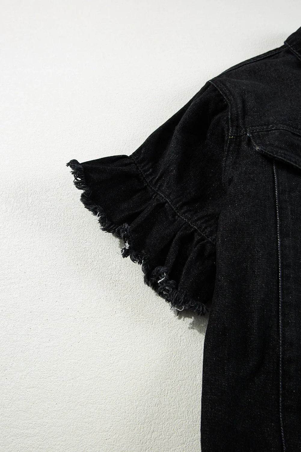 Black Raw Edge Ruffled Short Sleeve Denim Jacket - Chic Meadow Boutique 