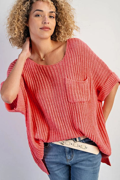 Fresh Salmon Rolled Cuffs Loose Knit Tee with Slits - Chic Meadow Boutique 