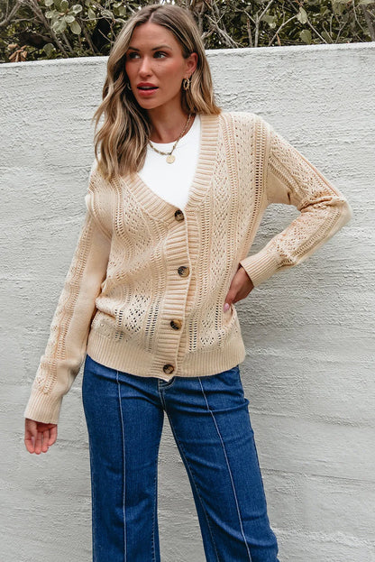 Beige Open Knit Drop Shoulder Sweater Cardigan - Chic Meadow Boutique 