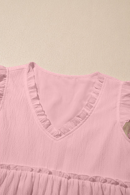 Light Pink Textured Ruffled Trim V Neck Flutter Flowy Top