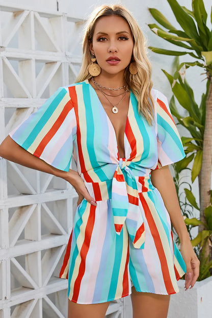 Multicolor Stripe Print Tie V Neck Flowy Romper - Chic Meadow Boutique 