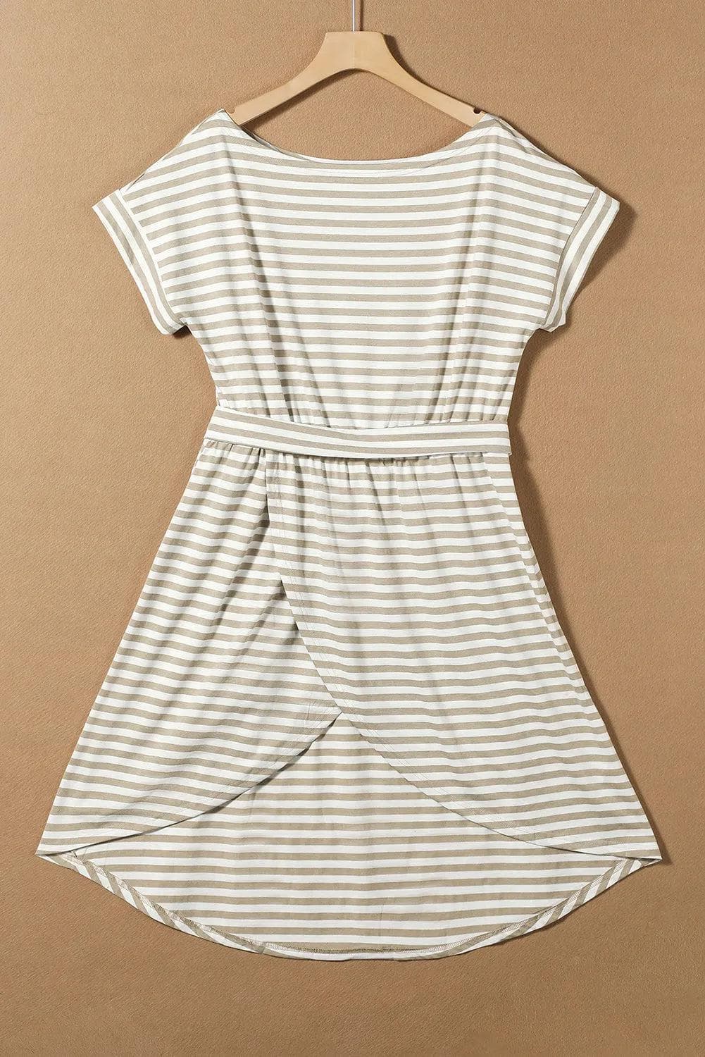 Dresses/T Shirt Dresses Khaki Stripe Short Sleeve Belted Wrapped Hemline T-Shirt Dress