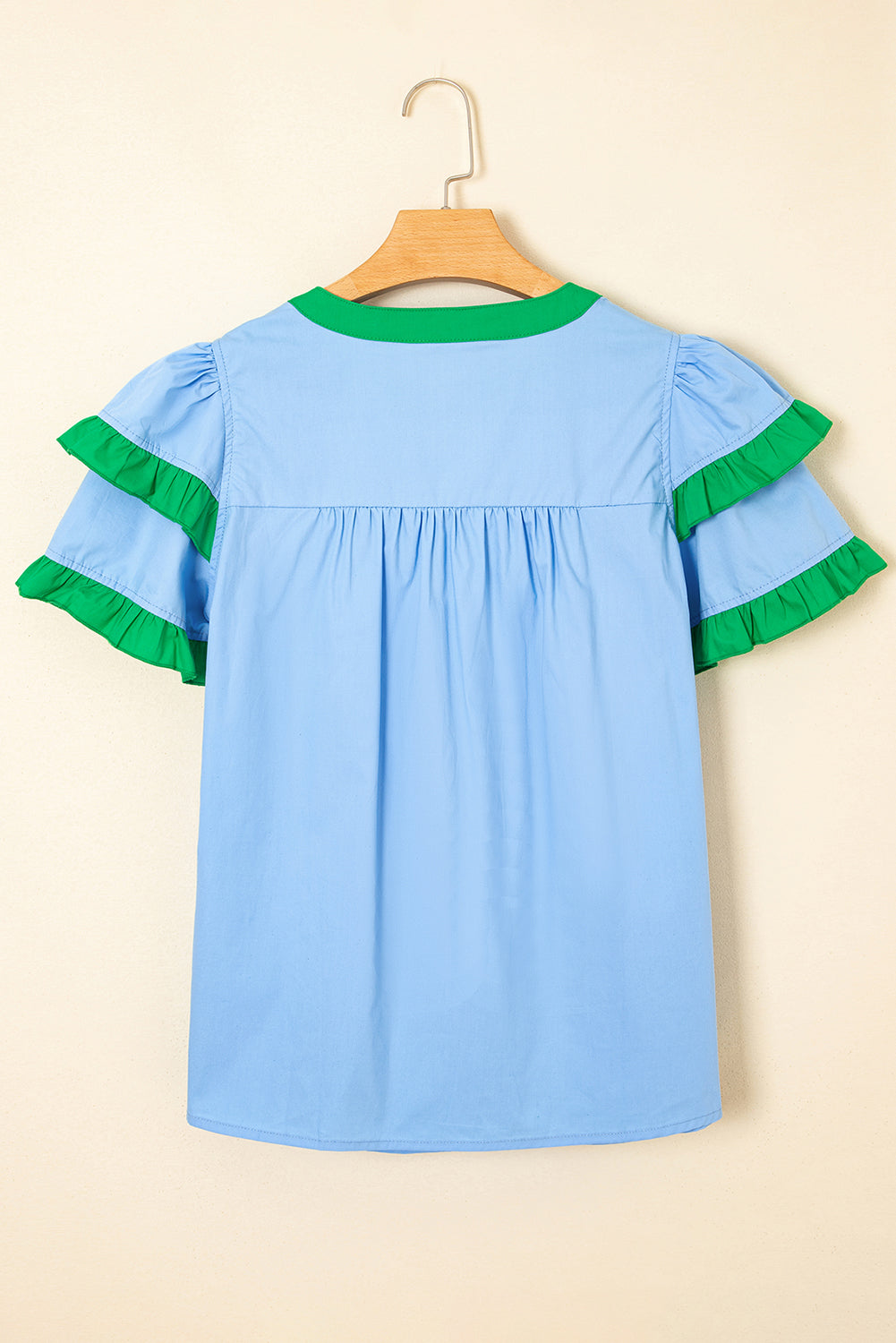 Mist Blue Contrast Notched Neck Frilly Detail Short Sleeve Blouse