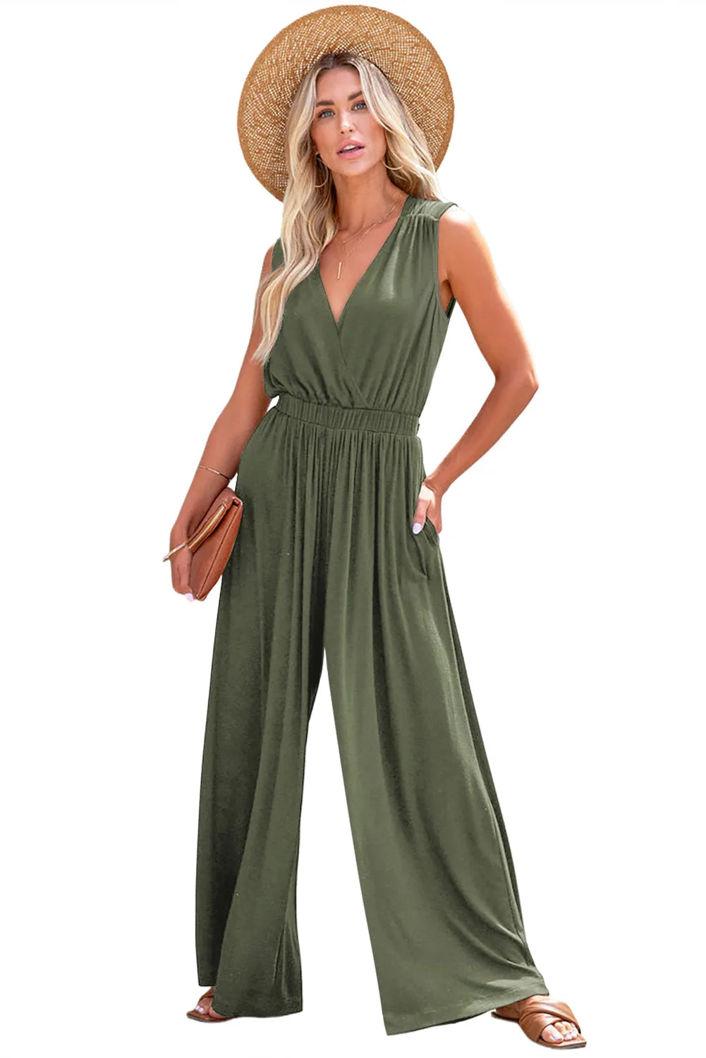 Bottoms/Jumpsuits & Rompers Jungle Green Deep V Pleated Crisscross Wide Leg Backless Jumpsuit