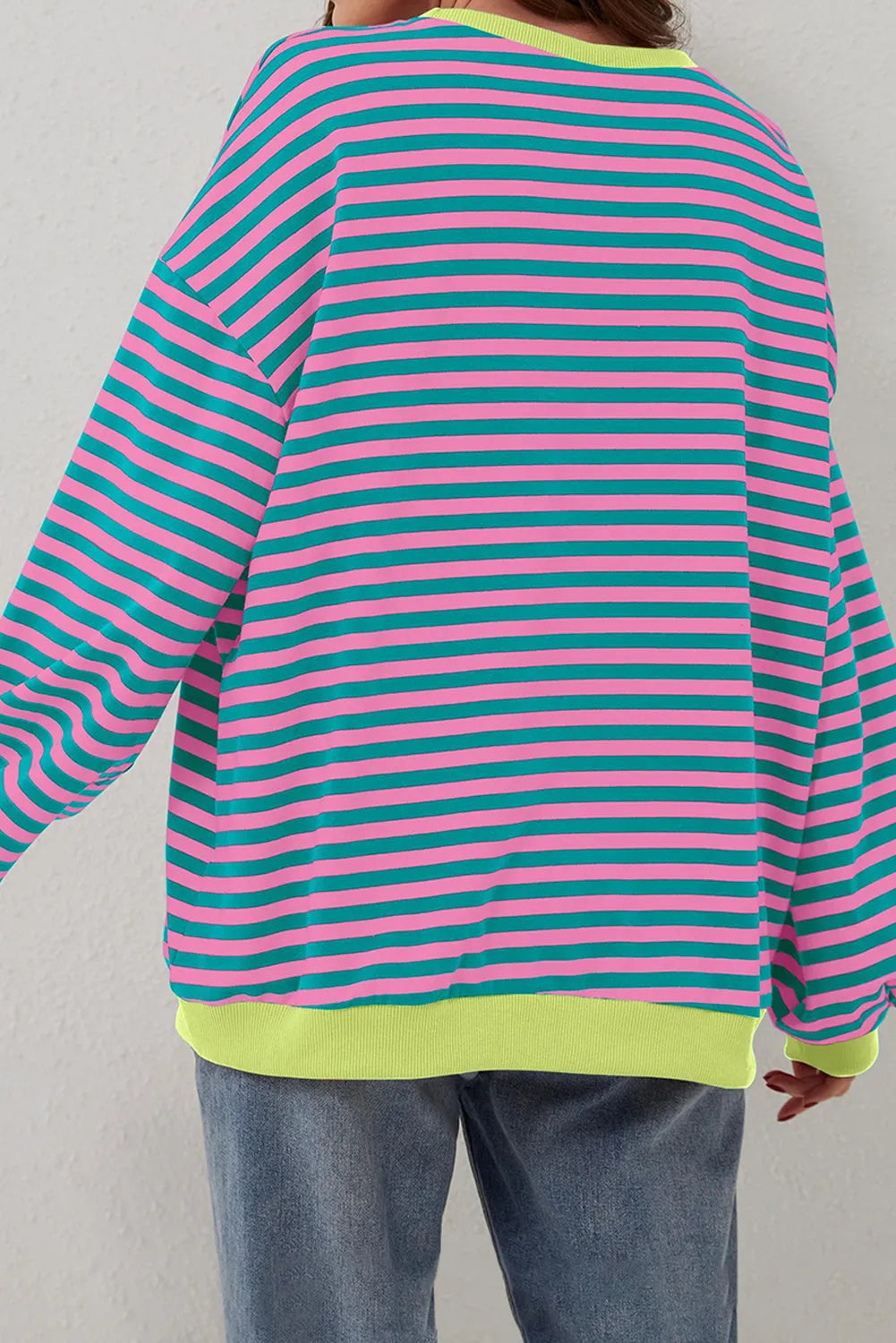 Green Stripe Oversized Contrast Trim Pullover Sweatshirt - Chic Meadow Boutique 