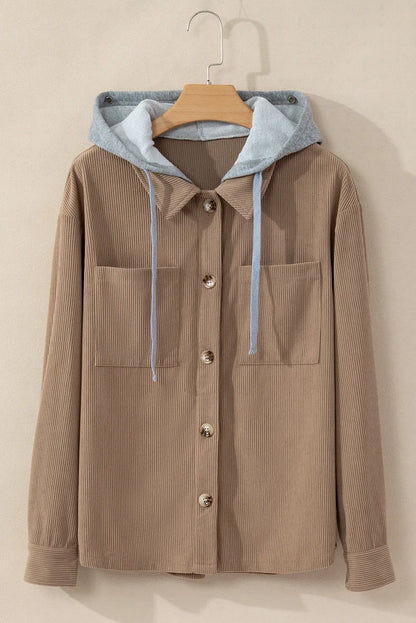 Outerwear/Jackets Pale Khaki Hooded Drawstring Pockets Corduroy Shacket