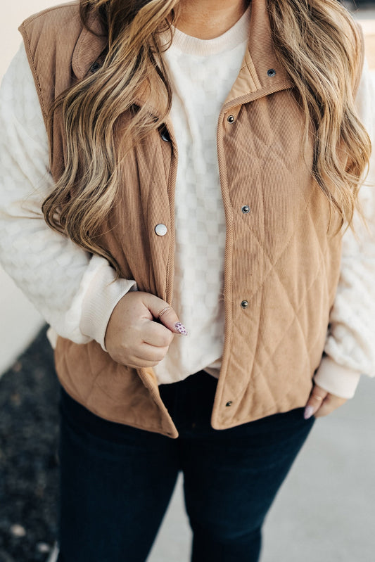 Camel Plus Size Quilted Cord Snap Button Vest Jacket