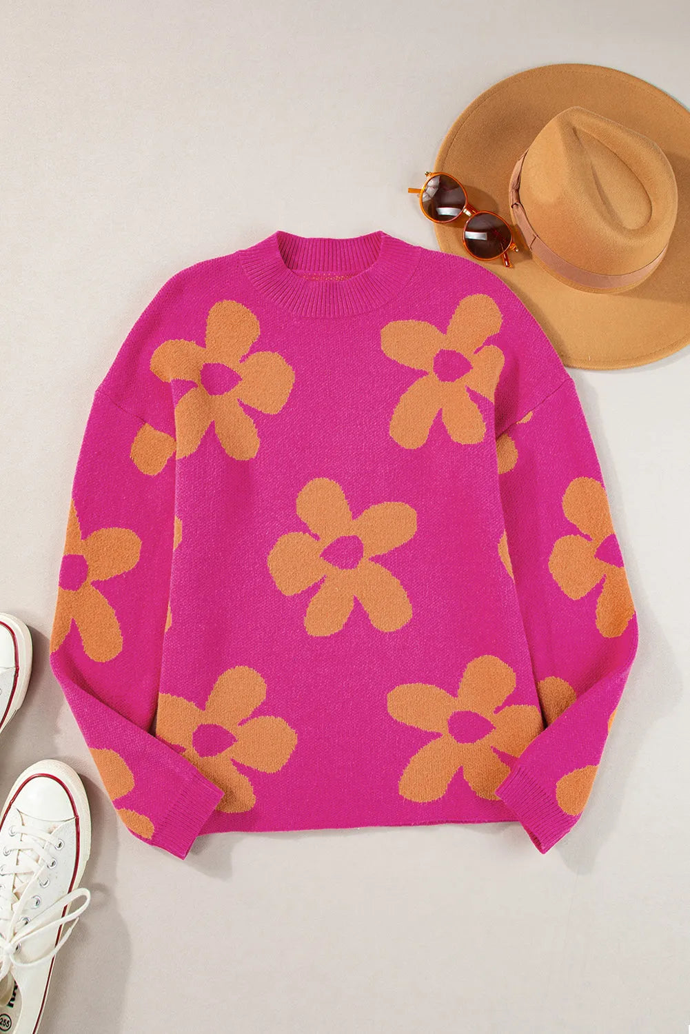 Rose Big Flower Pattern Mock Neck Long Sleeve Sweater - Chic Meadow Boutique 