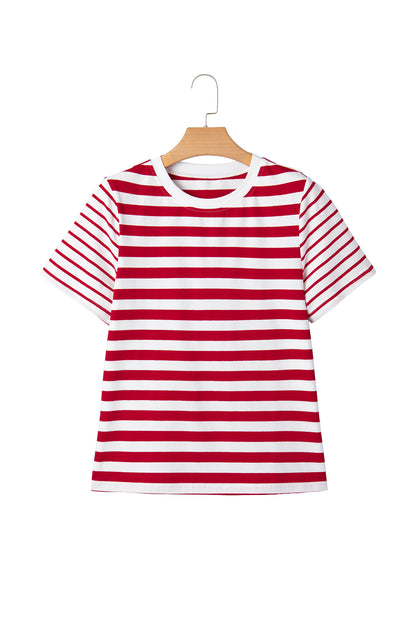 Red Stripe Patchwork Round Neck T Shirt
