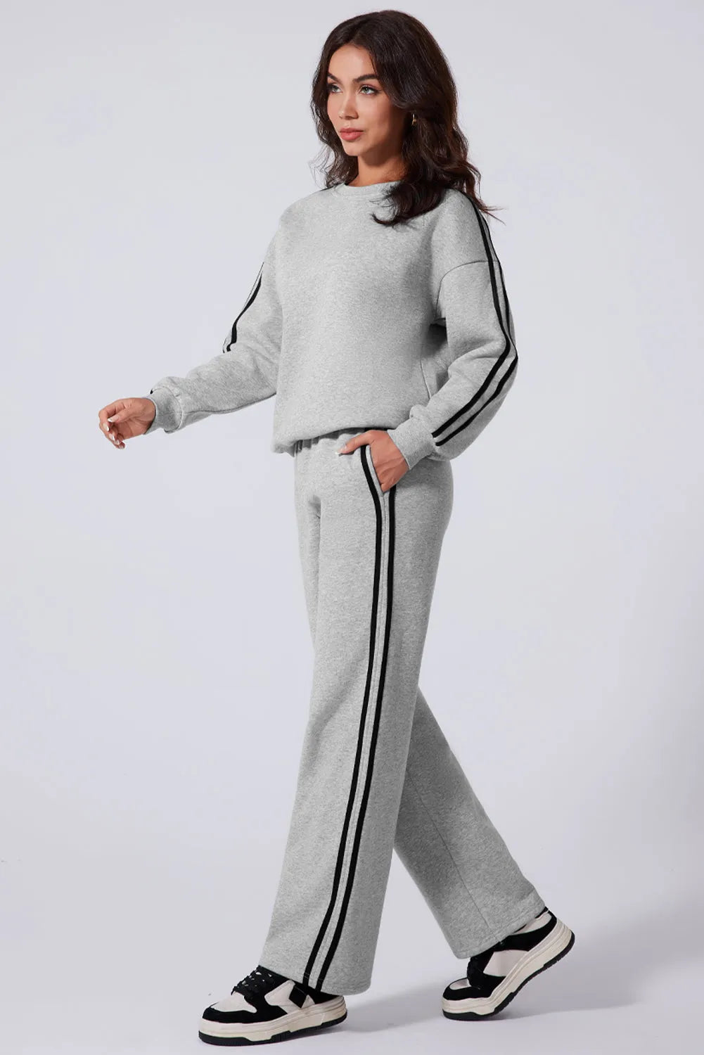 Light Grey Solid Color Side Striped Sweatshirt Active Set - Chic Meadow Boutique 