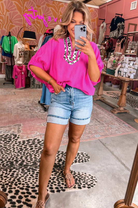 Rose Red Dolman Half Sleeve Leopard Patchwork Trim V Neck Blouse