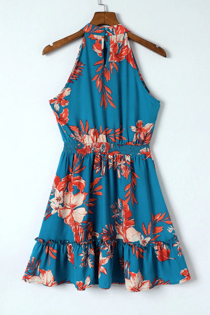 Sky Blue Floral Print Sleeveless Ruffled Mini Dress - Chic Meadow Boutique 