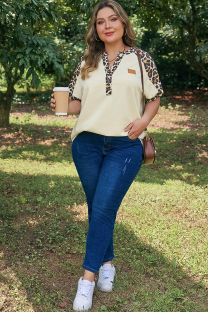 Beige Plus Size Leopard Contrast Patchwork Polo Tee