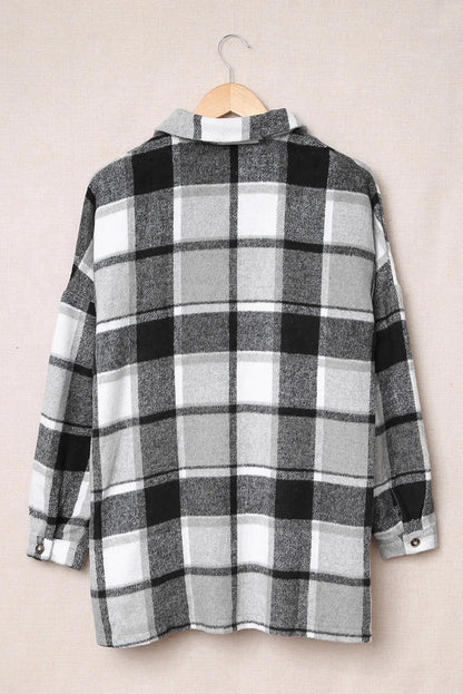 Gray Plaid Print Buttoned Shirt Jacket - Chic Meadow Boutique 