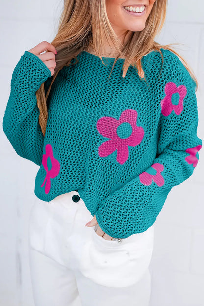 Sea Green Big Flower Hollowed Knit Drop Shoulder Sweater - Chic Meadow Boutique 