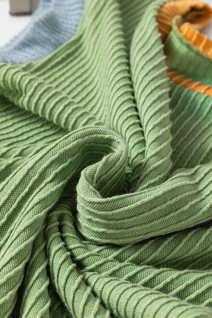 Grass Green Color Block Corded Knit Crew Neck Tee